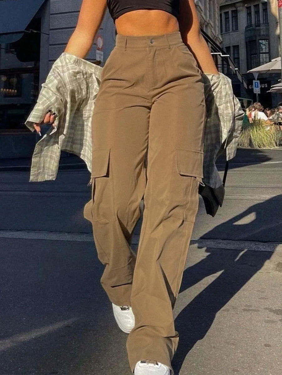 Damen Cargo Hose Weites Bein Hoher Bund Patch-Taschen