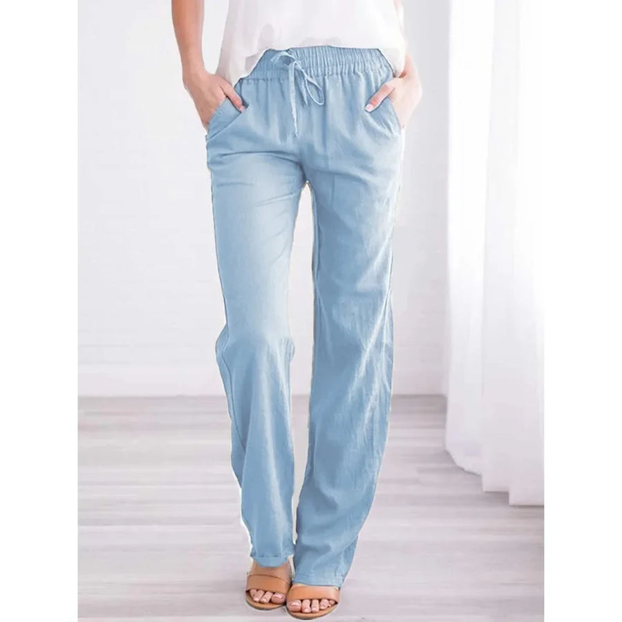 Damen Freizeithose Weites Bein Elastischer Bund Kordelzug Taschen