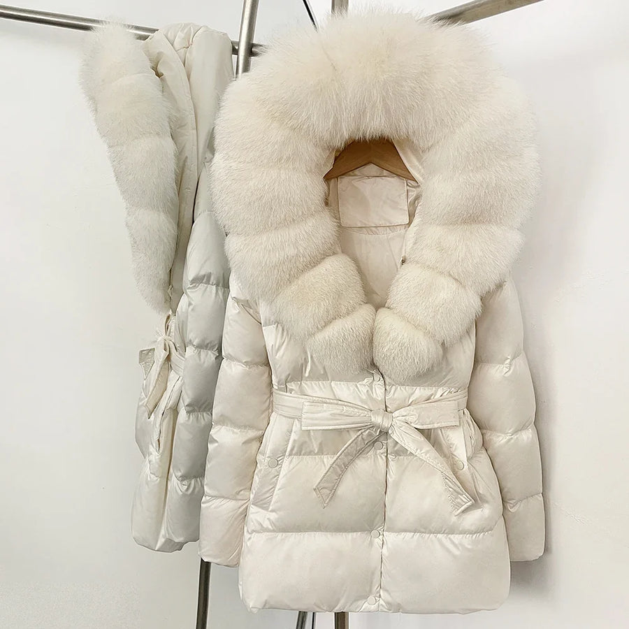 Damen Daunenjacke mit Kunstpelzkragen und Bindegürtel, warme Winterjacke