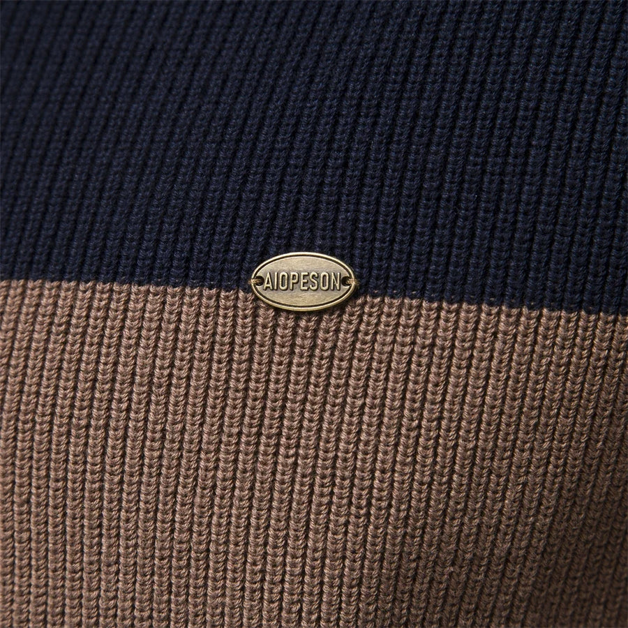 Herenvest met rits, opstaande kraag en kleurvlakken, marineblauw en bruin
