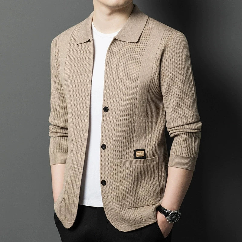 Herenvest met kraag en knoopsluiting, gebreide blazer, jasje met lange mouwen, gebreide pullover