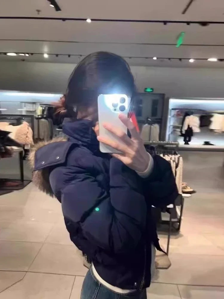Kurze Damen Winterjacke mit Kunstpelz Kapuze Marineblau