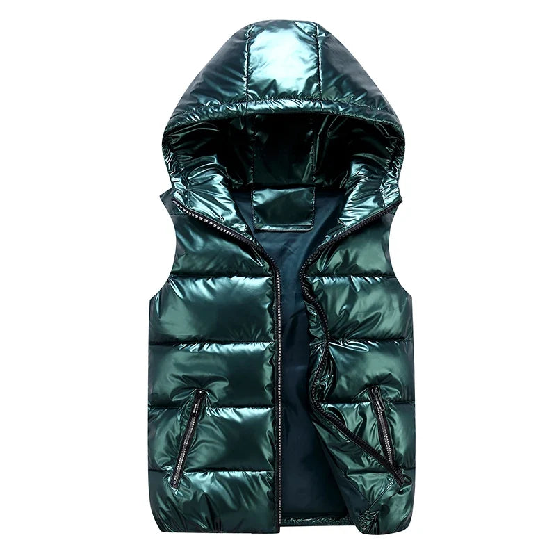 Unisex Steppweste mit Kapuze Glänzend Reißverschluss Daunenlook Freizeit Outdoor