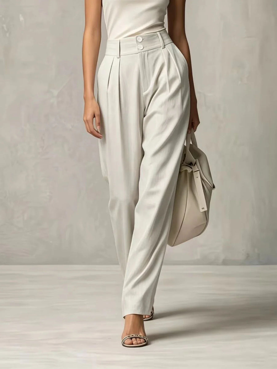 Damen Stoffhose Beige Plissee Weites Bein Hoher Bund
