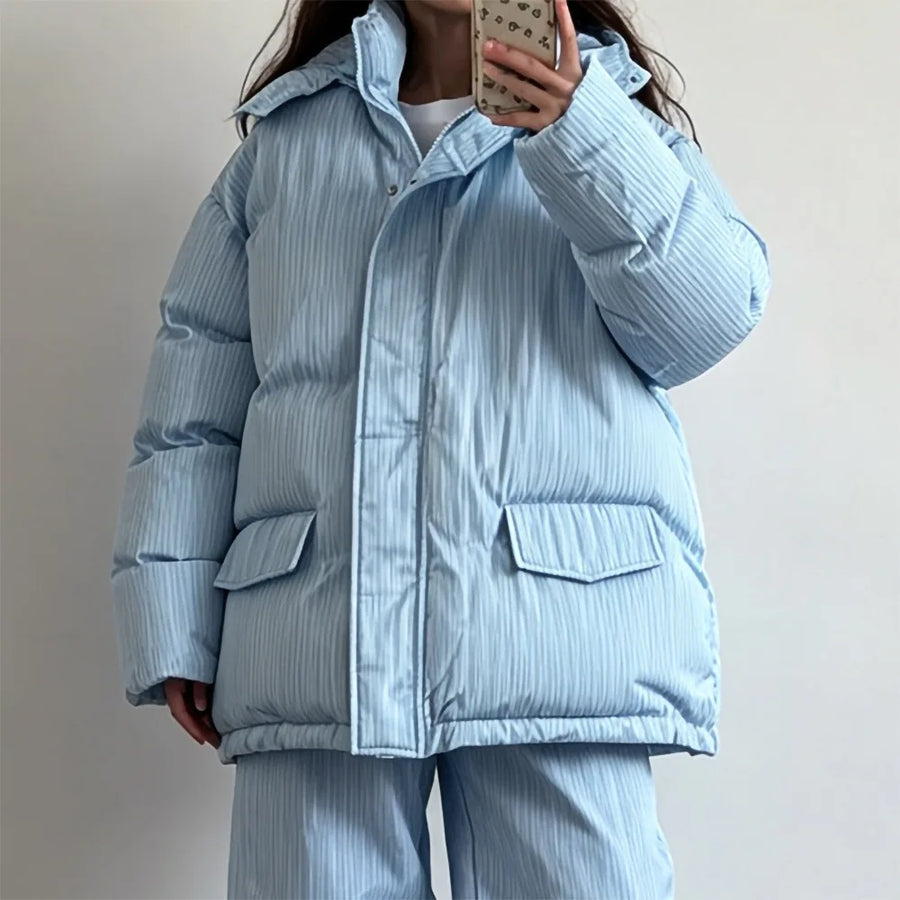 Damen Gestreifte Pufferjacke mit Reißverschluss und Stehkragen - Gesteppte Winterjacke Oversize