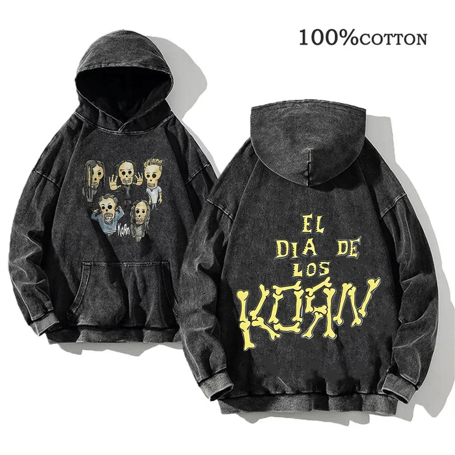 Korn Band Hoodie Unisex Washed Schwarz Kapuzenpullover Oversize