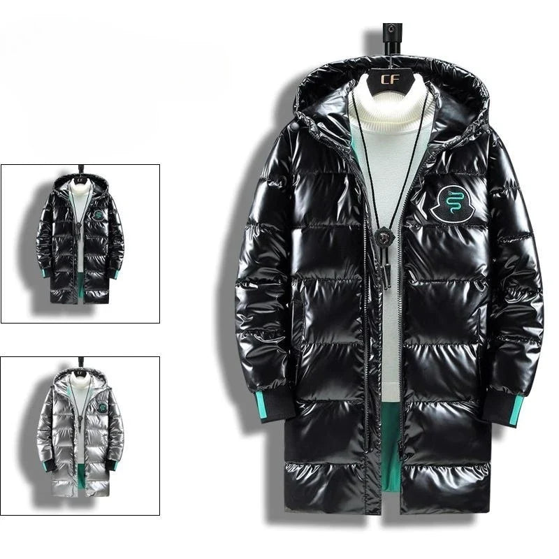 Unisex Glänzender Daunenmantel mit Kapuze – Schwarz oder Silber, Lang, Steppdesign