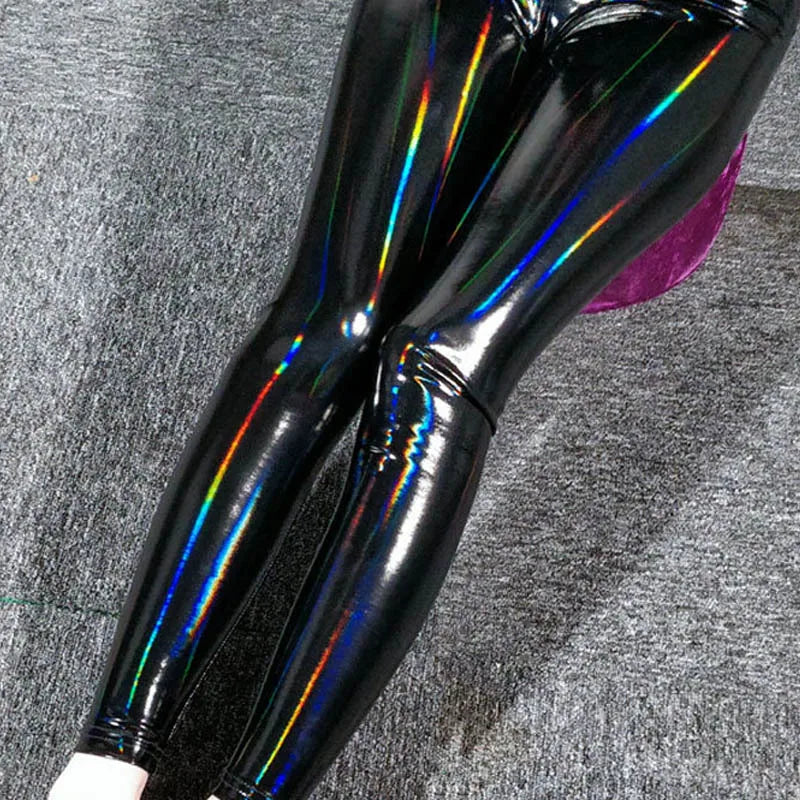 Holographische Leggings Schwarz Glänzend mit Regenbogen-Effekt