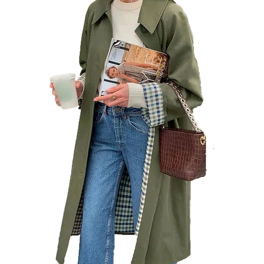 Damen Trenchcoat mit Gürtel Karofutter Langarm Regenmantel