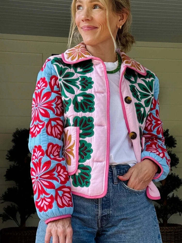 Damen Steppjacke mit Blumenmuster, Bunt, Kurz