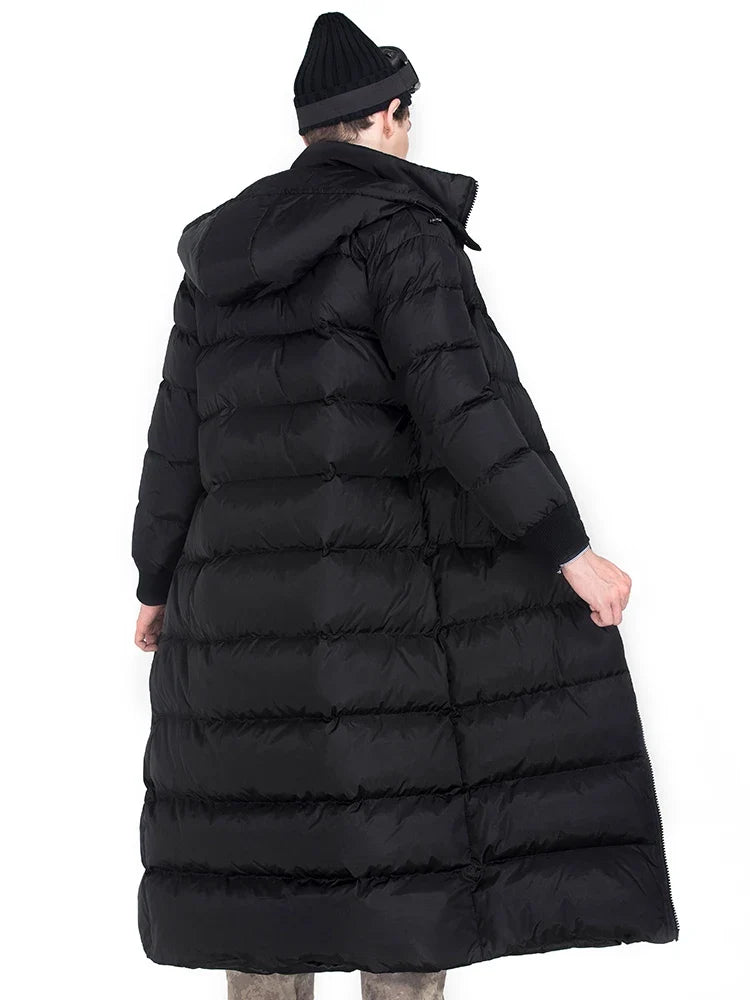 Langer Schwarzer Herren Steppmantel Winter Steppjacke mit Kapuze