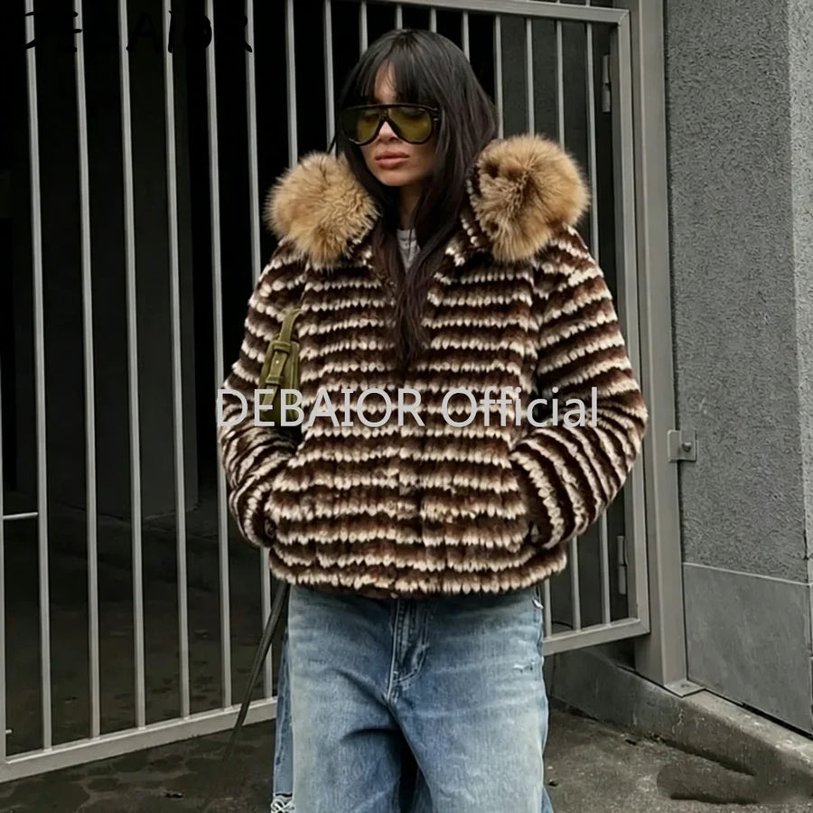 Damen Jacke mit Kapuze, gestreift, Fellimitat, Winterjacke warm