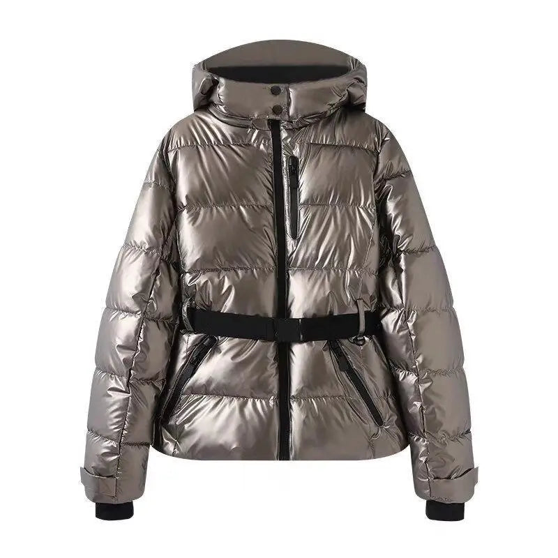 Damen Daunenjacke mit Kapuze und Gürtel, Schwarz