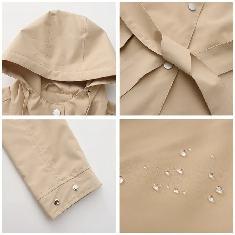 Damen Regenjacke mit Kapuze und Bindegürtel, Beige