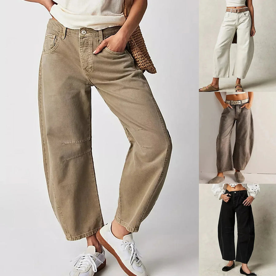 Baggy damesbroek met wijde pijpen - jeansculotte met hoge taille in zwart, khaki en wit
