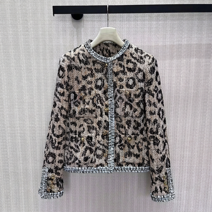 Damen Tweed-Jacke Leopardenmuster Rundhals Kurzjacke