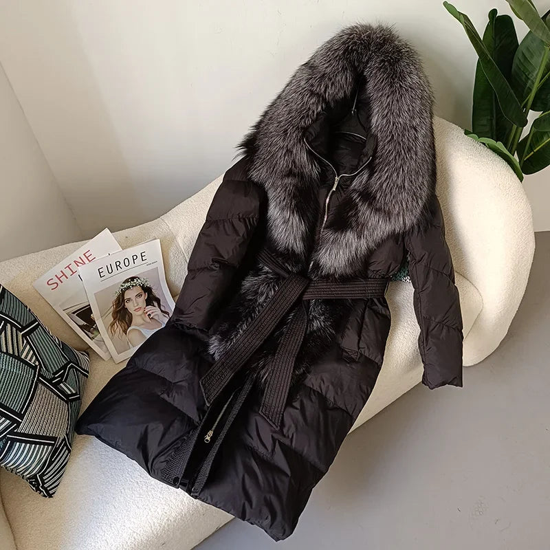 Damen Winter Steppmantel Lang mit Kapuze und Kunstpelzbesatz Gürtel