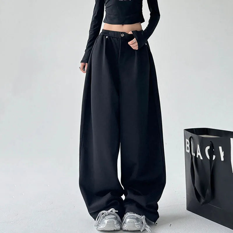 Wijde vrijetijdsbroek voor dames met hoge taille, casual stijl, grijs of zwart