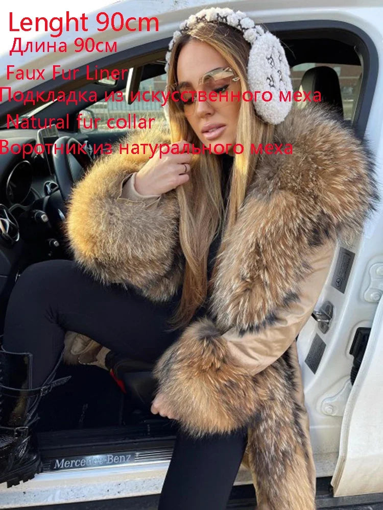 Parka mit Fellkapuze & Fellfutter langer Wintermantel Damen