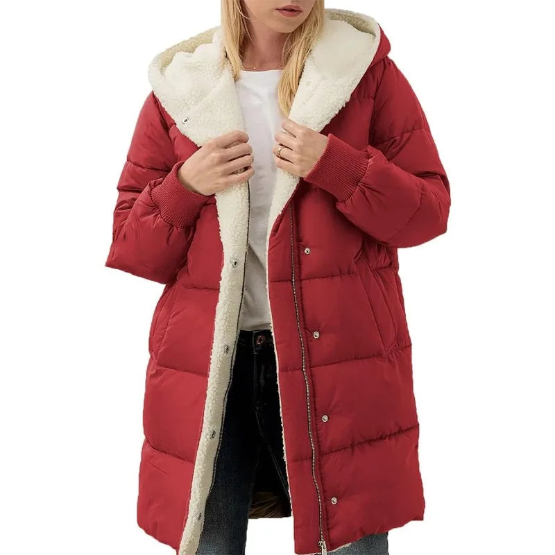 Damen Langer Steppmantel mit Kapuze und Teddyfutter, Winter Warme Jacke