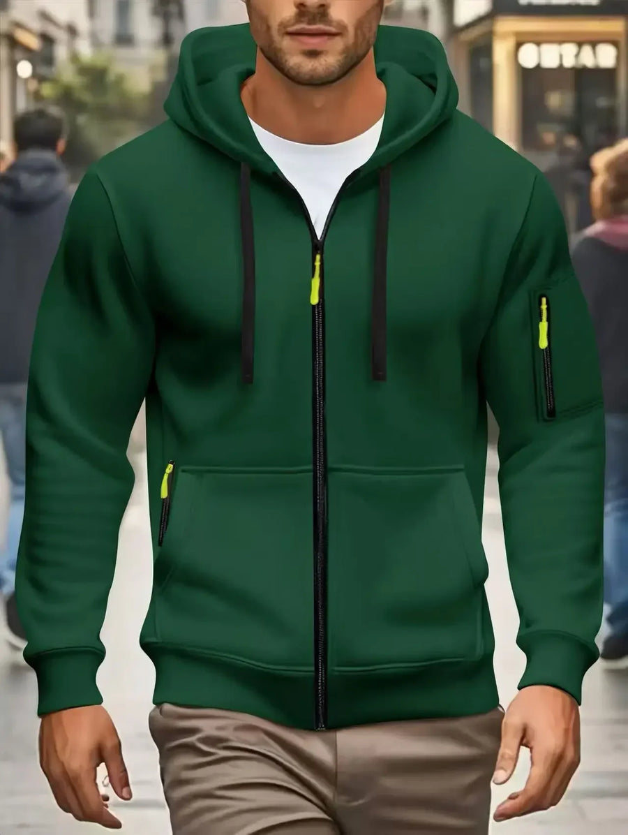 Herenhoodie met rits en zakken, olijfgroen