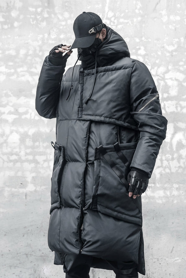 Unisex Langer Steppmantel mit Kapuze Schwarz