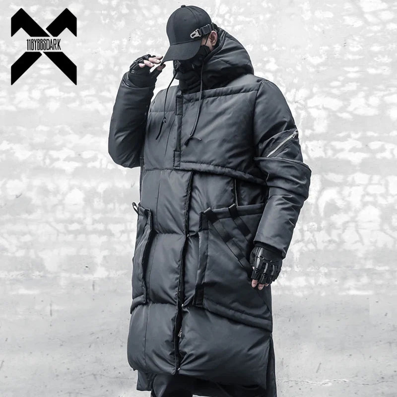 Unisex Langer Steppmantel mit Kapuze Schwarz
