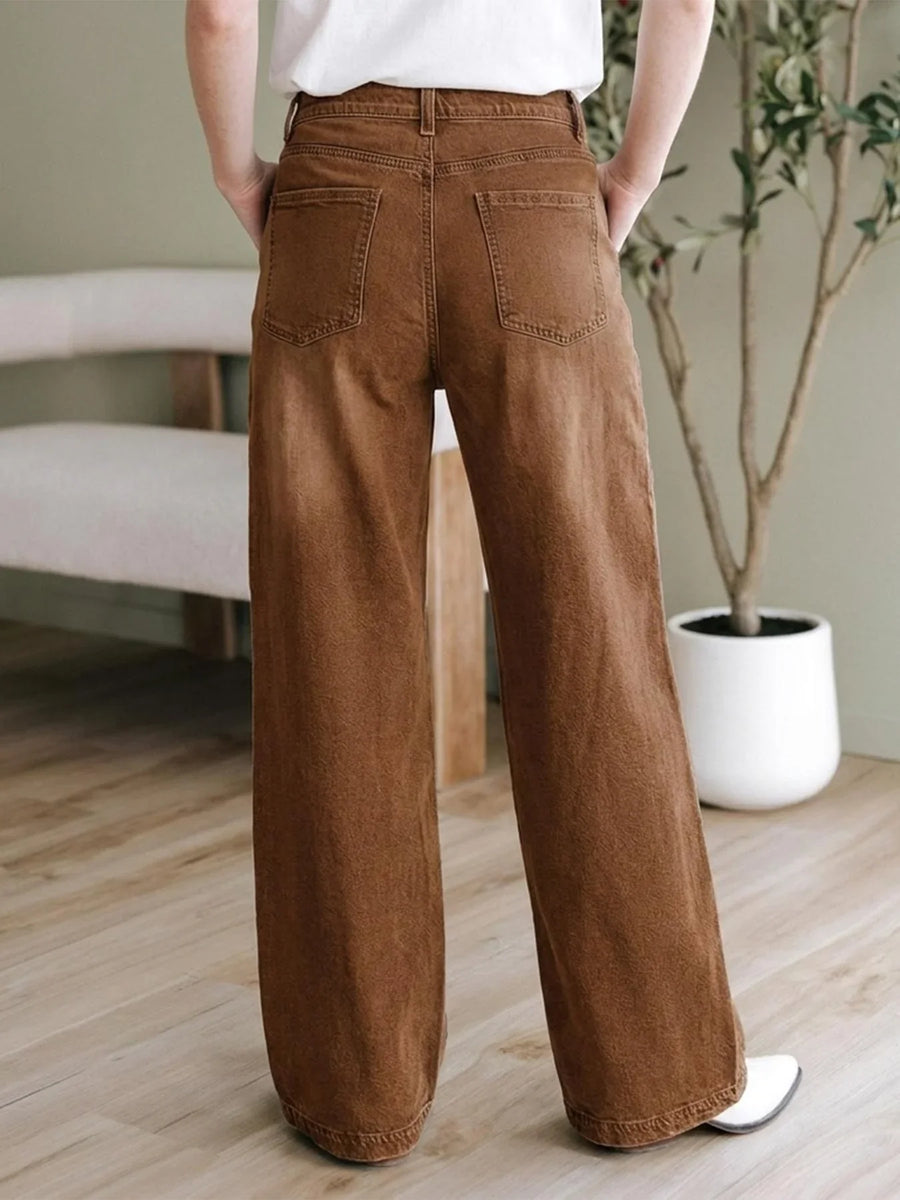 Bruine wide-legbroek voor dames met hoge taille en knoopdetails
