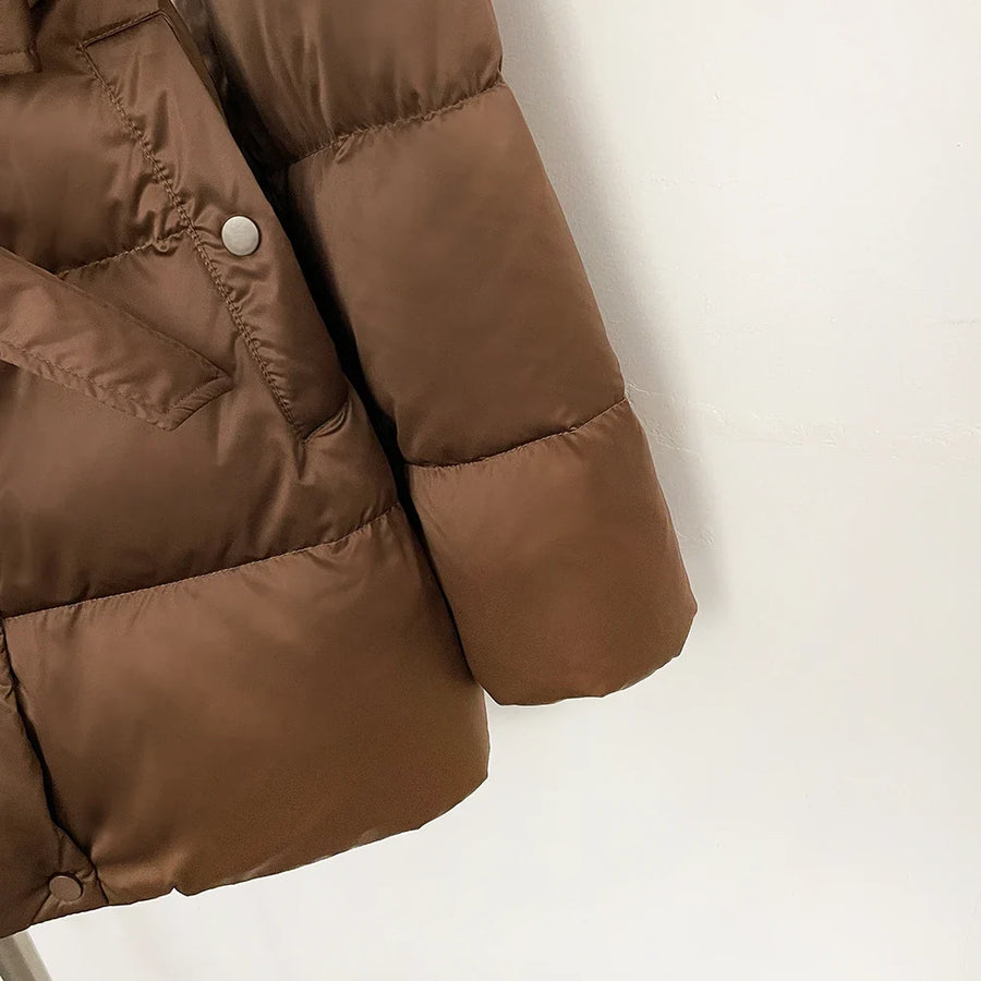 Damen Daunenjacke mit Kunstpelzkragen und Bindegürtel, warme Winterjacke