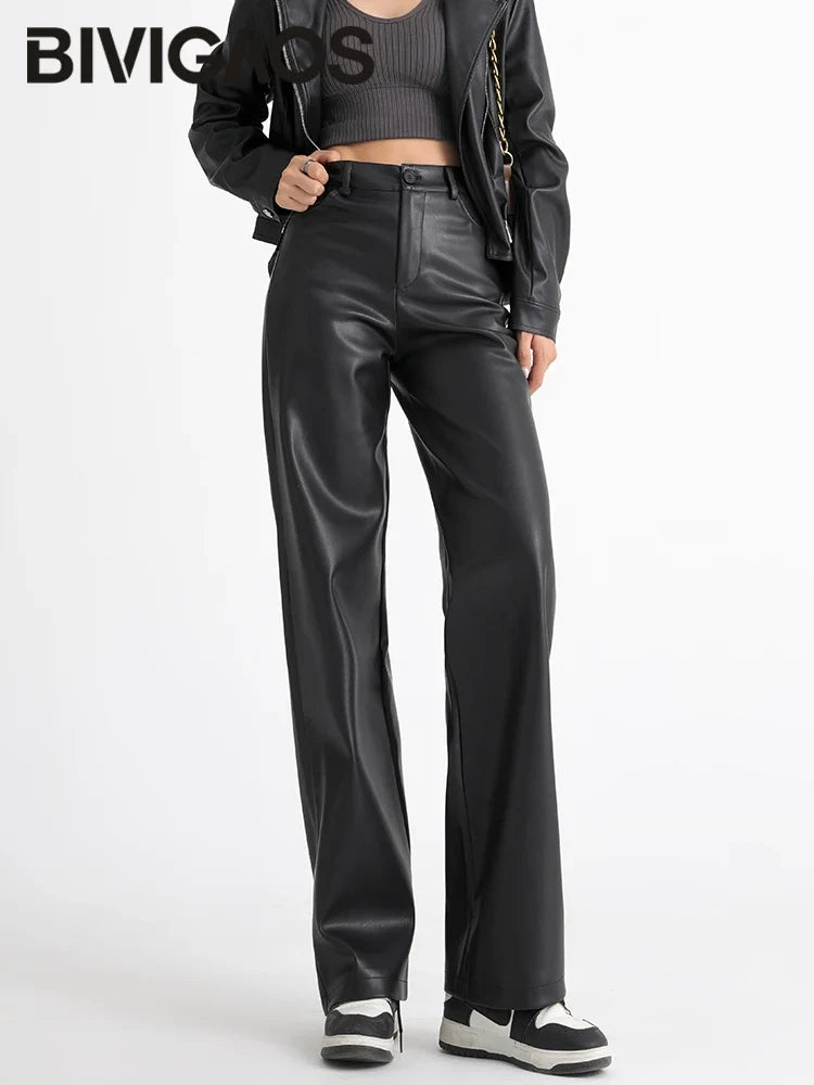 Wijde damesbroek in lederlook met hoge taille, zwart