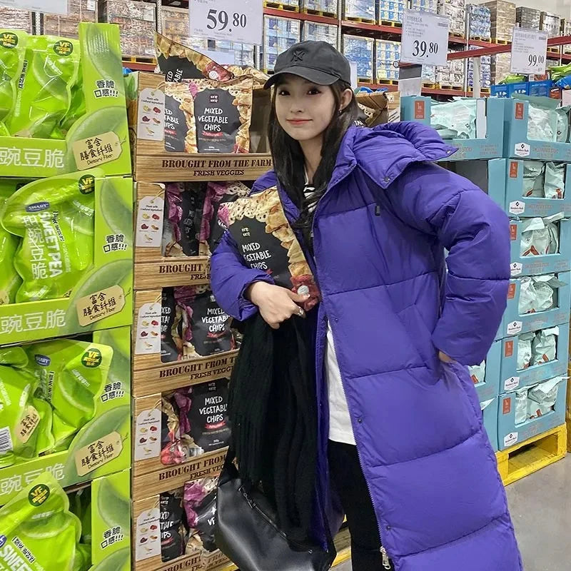 Lange Damen Winter Steppjacke mit Kapuze, gepolsterter Wintermantel