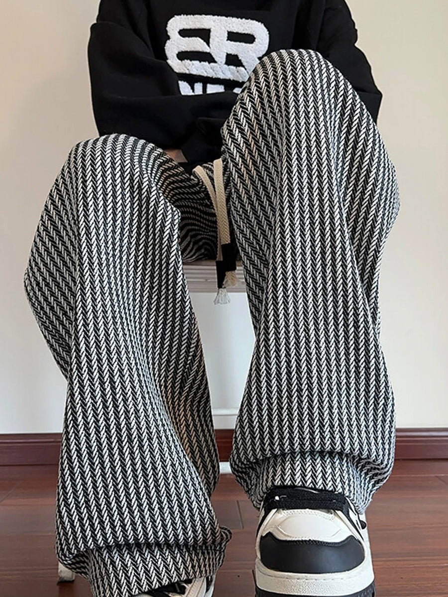 Unisex Freizeithose mit Fischgrätmuster Beige Braun Weites Bein