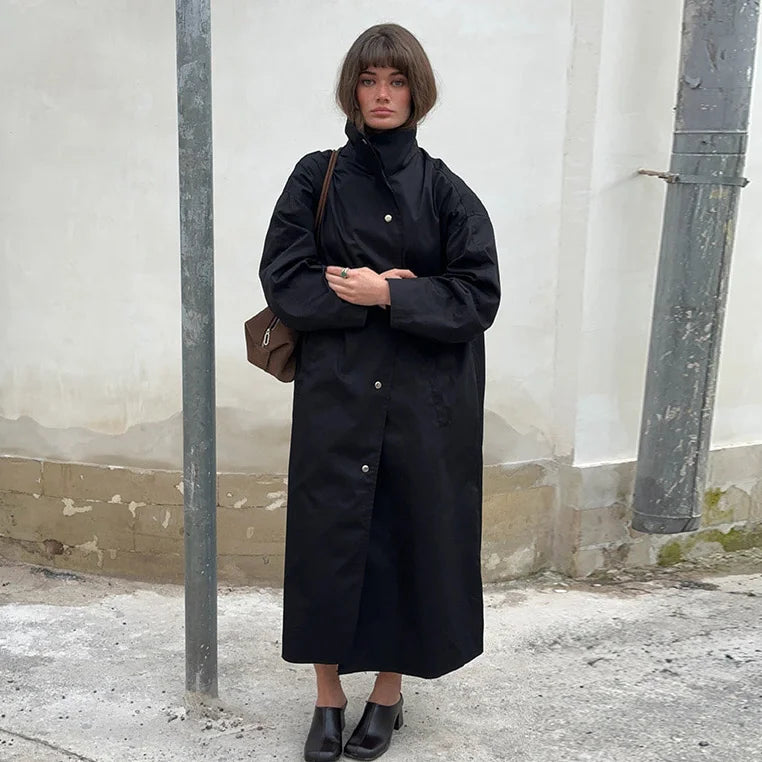 Damen Langer Mantel Übergangs Trenchcoat Stehkragen Weite Ärmel