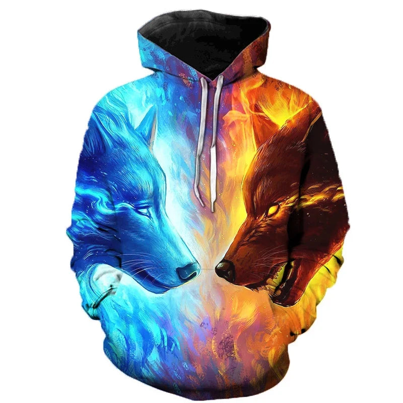 Unisex hoodie met wolvenmotief, kleurrijke 3D-print en trekkoord