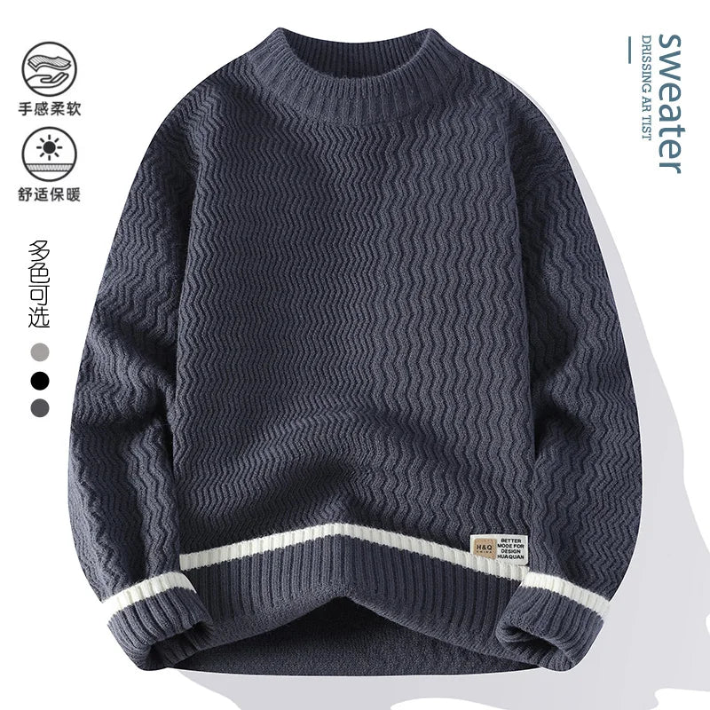 Mockneck-trui voor heren met golvend patroon en contrasterende strepen