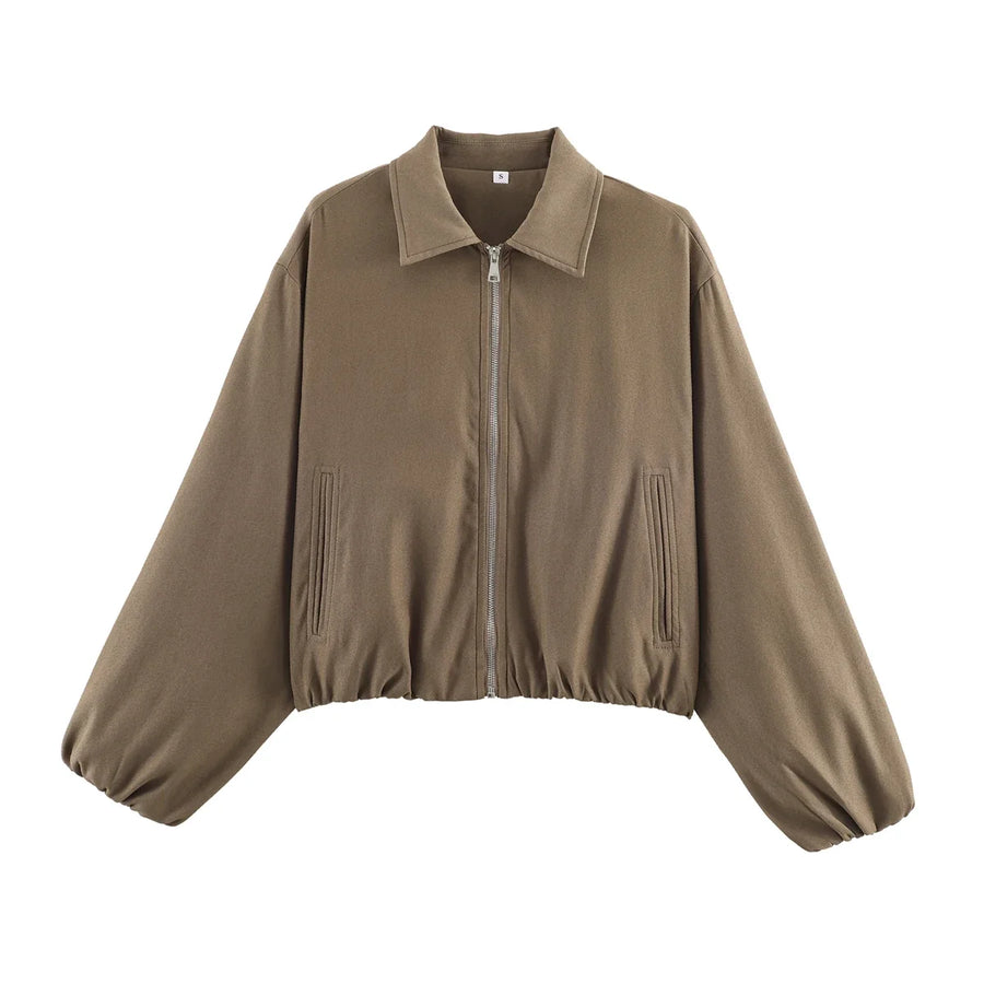 Damen Kurzjacke mit Reißverschluss, Kragen und Gummizugsaum