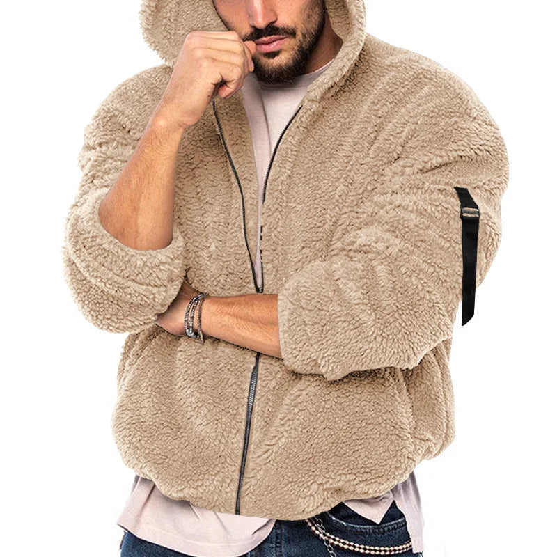 Herren Hoodie Jacke aus Teddy-Fleece mit Reißverschluss