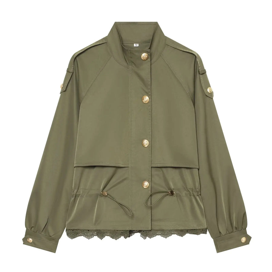 Damen Jacke Stehkragen Spitze Saum Kurz Bolero Optik