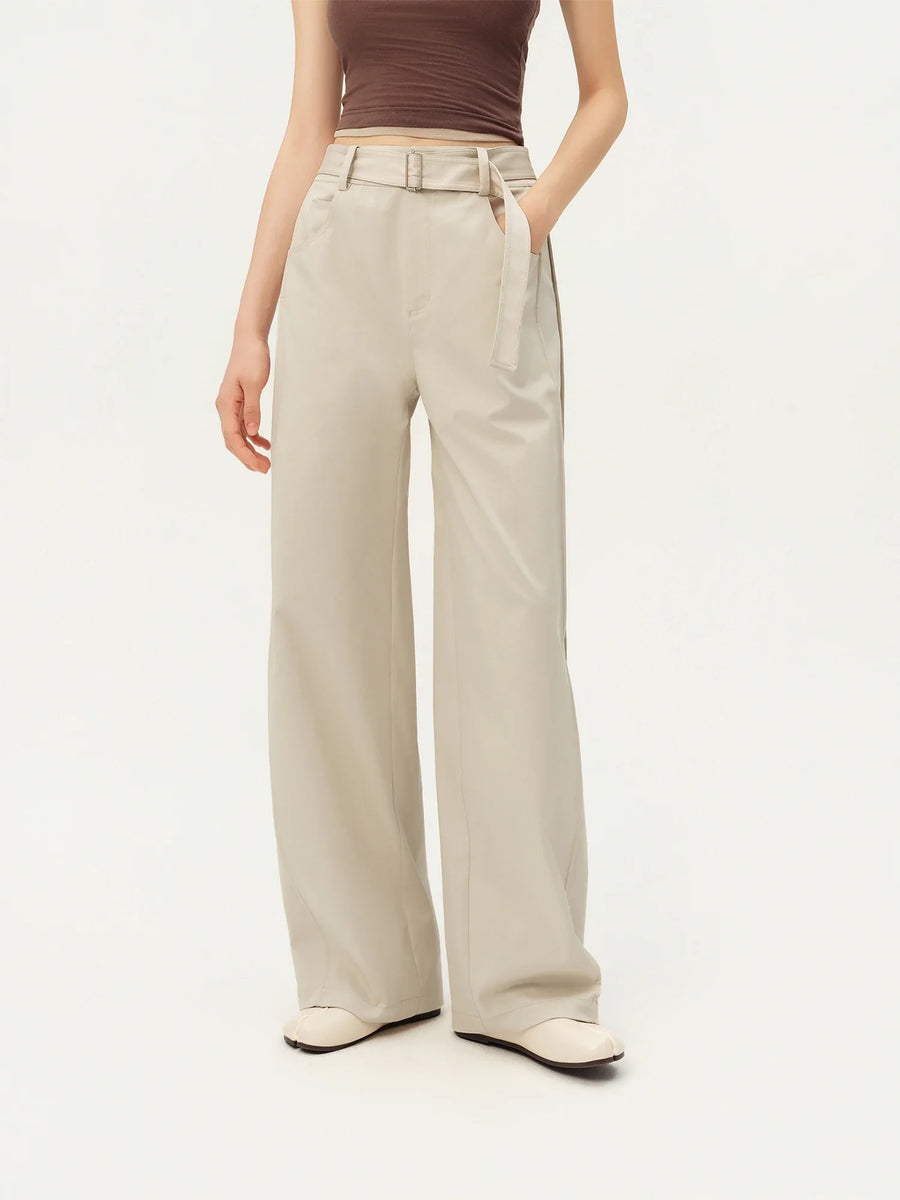Wijde damesbroek met high waist en riem in donkerblauw