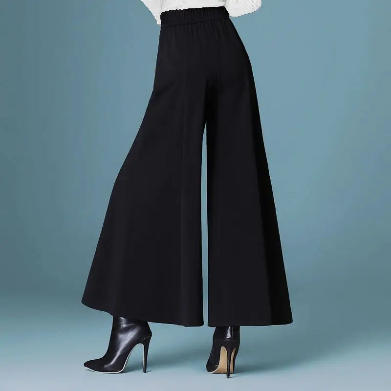 Damen Palazzo Hose Schwarz Weites Bein Hoher Bund