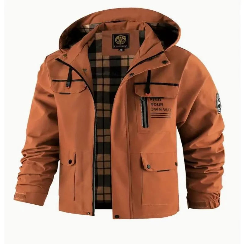 Herren Outdoor Jacke mit Kapuze & Reißverschluss, Winddichte Übergangsjacke mit Taschen