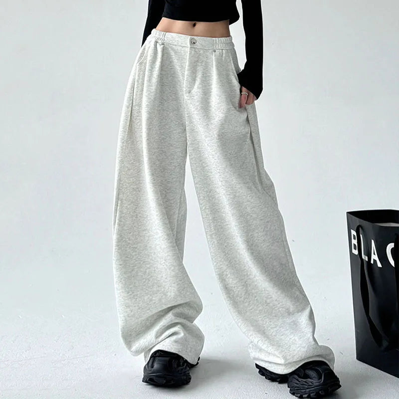 Wijde vrijetijdsbroek voor dames met hoge taille, casual stijl, grijs of zwart
