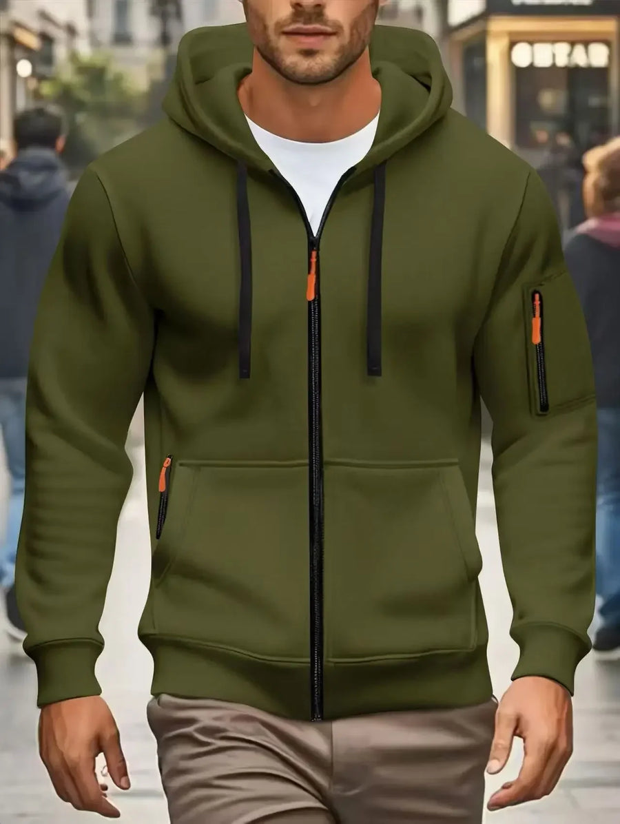 Herenhoodie met rits en zakken, olijfgroen