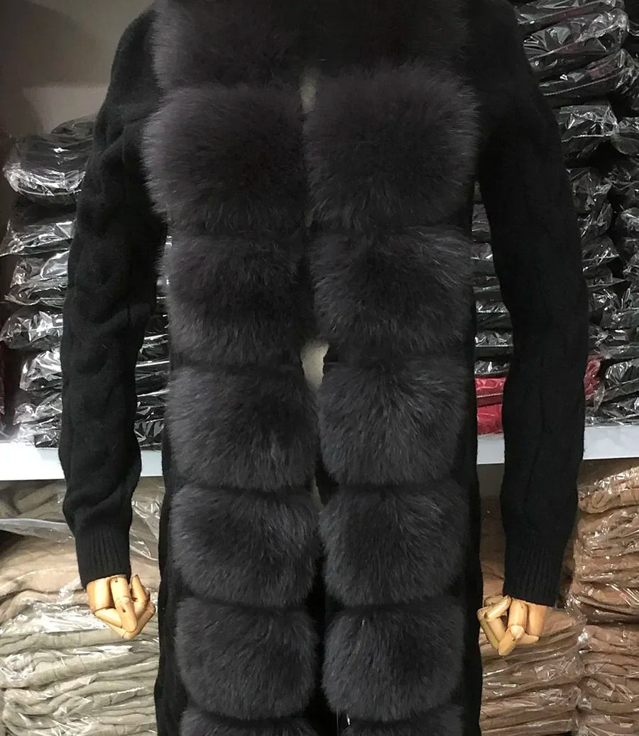 Damen Strickmantel lang mit Kunstpelzbesatz