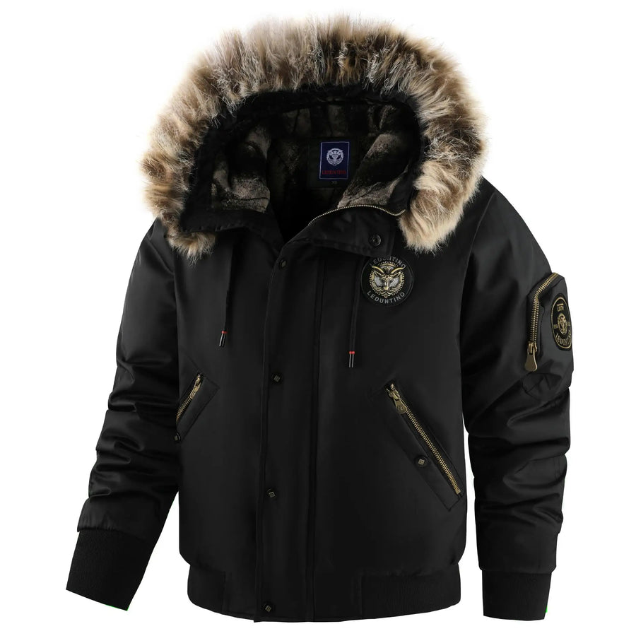 Herren Winter Bomberjacke mit Kunstpelzkragen und Kapuze, gefüttert