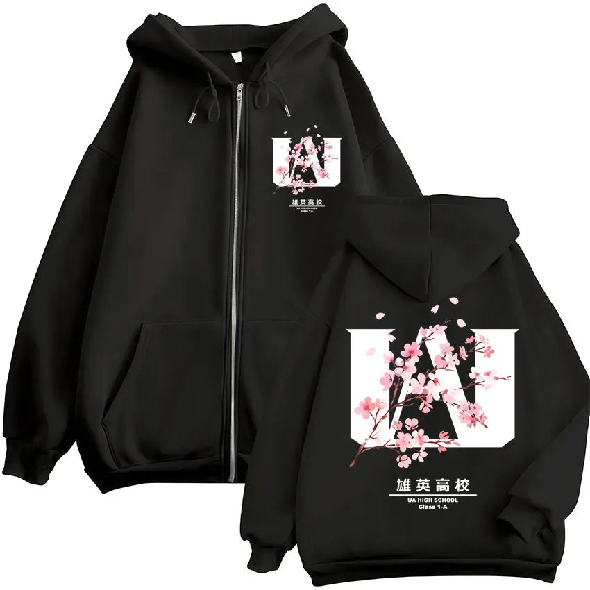Unisex Reißverschluss Hoodie mit Kapuze & Druckmotiv, lässig