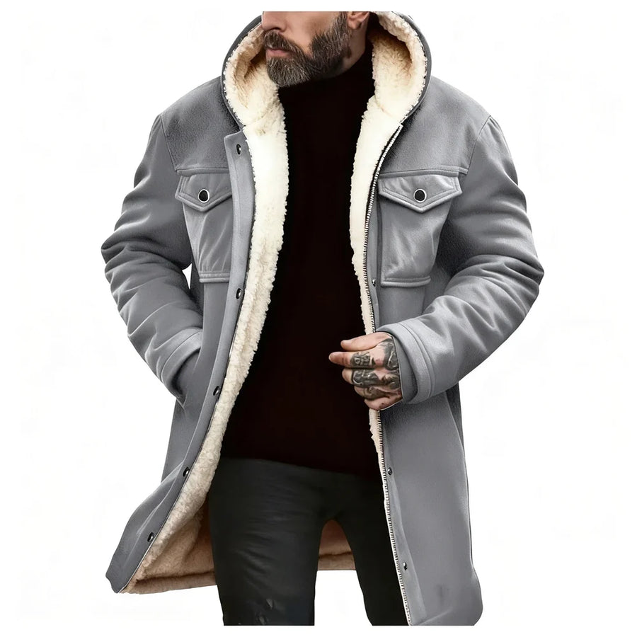 Herren Winterparka mit Kapuze und Teddyfutter, lange Übergangsjacke mit Knopfleiste