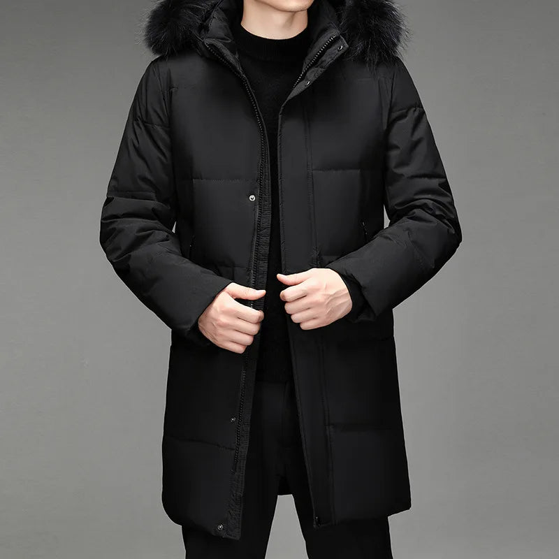 Herren Winter Parka lang mit Kapuze und Fellimitat dunkelgrau
