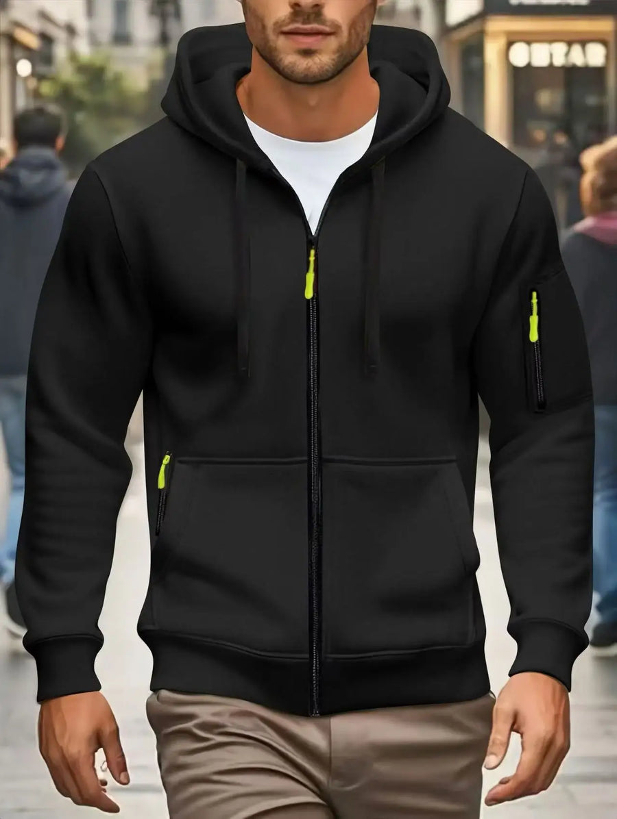 Herenhoodie met rits en zakken, olijfgroen