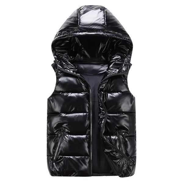 Unisex Steppweste mit Kapuze Glänzend Reißverschluss Daunenlook Freizeit Outdoor